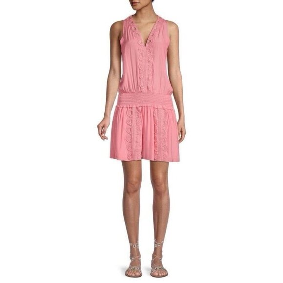 Ramy Brook Matilda Embroidery Smocked Mini Dress V-Neck Sleeveless Lined Size L - Picture 1 of 12
